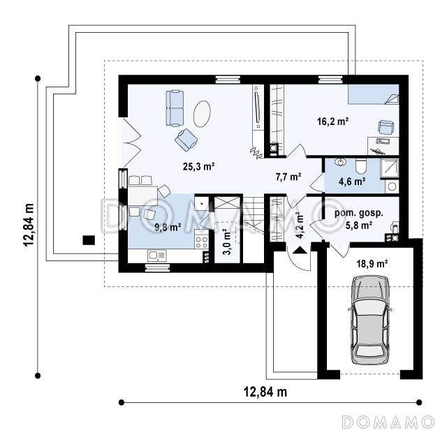 Проект одноэтажного мансардного дома из кирпича с балконом и с фронтальным пристроенным гаражом / План 1 этажа