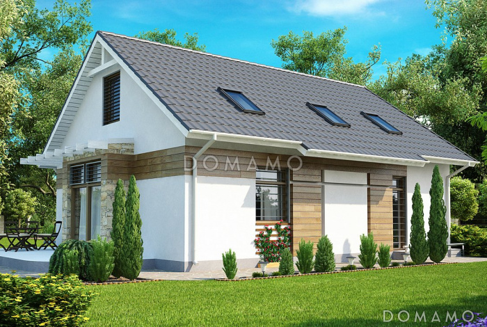 Проект небольшого одноэтажного мансардного дома из газобетона с дополнительной комнатой на первом этаже и панорамным остеклением дневной зоны