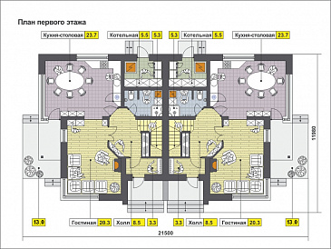 Проект дома на две семьи с большой кухней-столовой, гостиной с камином, террасой, длинным балконом / План 1 этажа