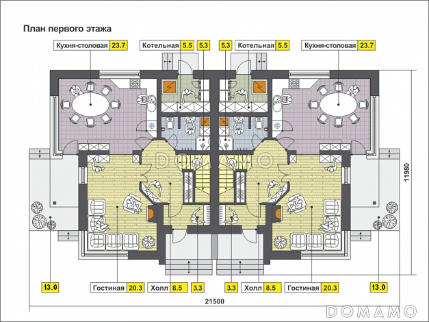 Проект дома на две семьи с большой кухней-столовой, гостиной с камином, террасой, длинным балконом / План 1 этажа