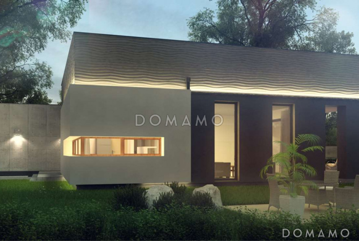 Проект современного одноэтажного дома из газобетона с плоской крышей с тремя спальнями, частично крытой террасой и одноместным гаражом