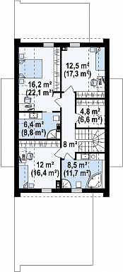Проект удобного современного одноэтажного мансардного дома из газобетона с гаражом и тремя спальнями на мансарде / План мансардного этажа