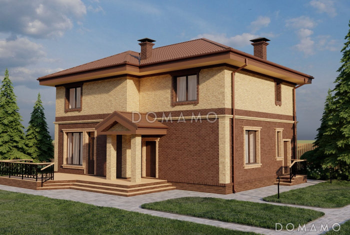 Проект двухэтажного дома с просторными террасой и кухней-столовой