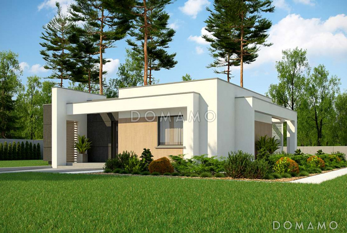 Проект компактного одноэтажного дома из газобетона с плоской крышей, с тремя спальнями и угловой крытой террасой