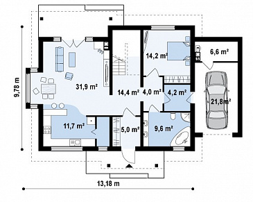 Проект классического мансардного дома из газобетона с дополнительной спальней на первом этаже, с эркером и гаражом / План 1 этажа