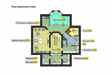 Проект дома с цокольным этажом, бассейном и сауной, кухней с эркером, открытой террасой, бильярдной на мансарде / План цокольного этажа