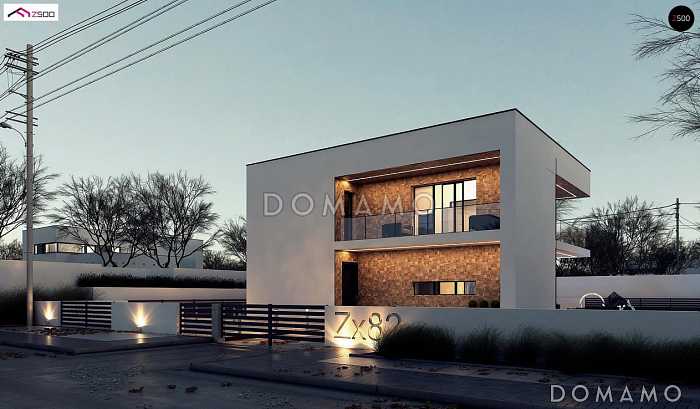 Проект современного двухэтажного дома из кирпича с плоской крышей, четырьмя комнатами и двумя лоджиями