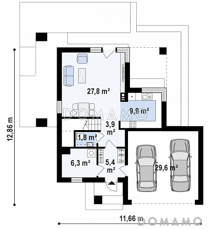 Проект компактного двухэтажного дома из газобетона с гаражом на два автомобиля  / План 1 этажа