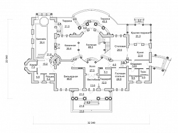 Проект просторного коттеджа с бассейном, бильярдной и парадной гостиной / План 1 этажа