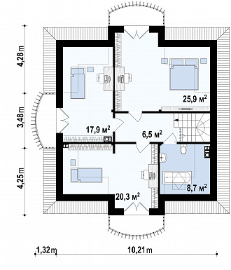 Проект классического одноэтажного мансардного дома из газобетона с кабинетом, хозяйственным помещением и с балконами в каждой из трёх спален / План мансардного этажа