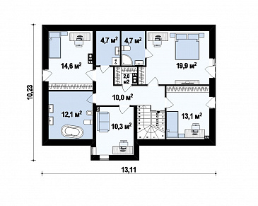 Проект одноэтажного мансардного дома из газобетона с прямоугольным выступом на втором уровне / План мансардного этажа