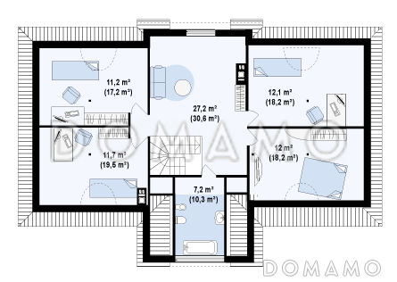 Проект просторного одноэтажного мансардного дома из газобетона с барбекю на крытой угловой террасе / План мансардного этажа