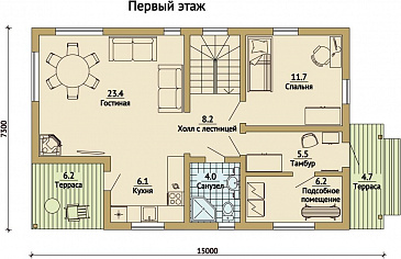 Проект каркасного дома с односкатной крышей / План 1 этажа