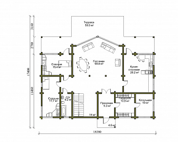 Проект двухэтажного дома из клеенного бруса со вторым светом и двумя балконами / План 1 этажа