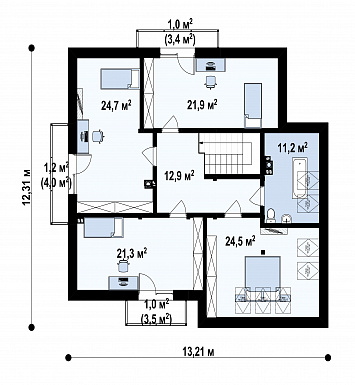 Проект дома с гаражом на две машины, спальней на первом этаже,  балконами и террасой / План мансардного этажа