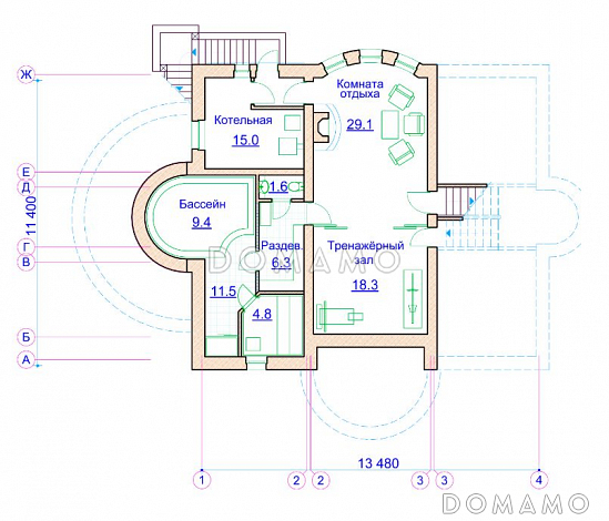 Проект коттеджа с двусветной гостиной, сауной и балконом / План цокольного этажа