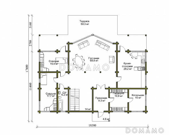 Проект двухэтажного дома из клеенного бруса со вторым светом и двумя балконами / План 1 этажа