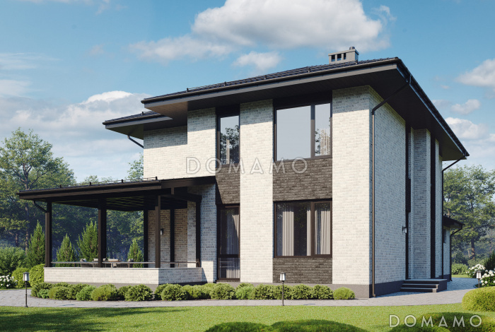 Проект двухэтажного дома с гаражом, террасой, 4 спальнями и кабинетом