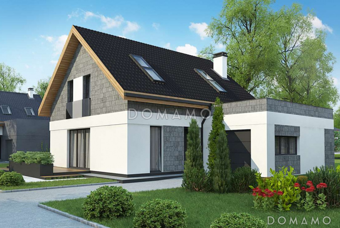 Проект одноэтажного мансардного дома из газобетона с кабинетом, изолированной кухней и гаражом