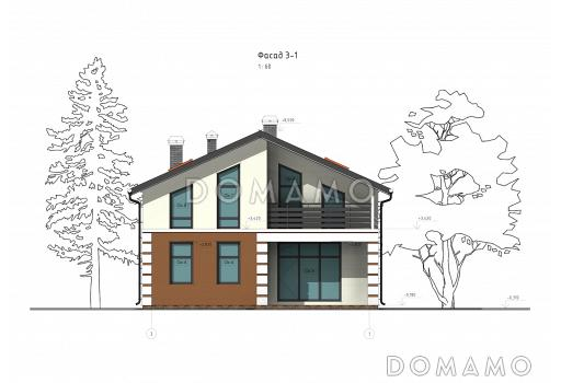 Проект коттеджа с совмещенной кухней-гостиной, спортзалом на мансардном этаже, балконом и окнами в пол / Фасад 1