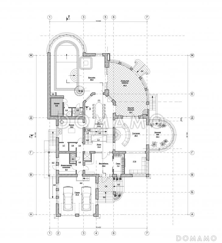 Проект просторного коттеджа в стиле модерн с бассейном и гаражом / План 1 этажа