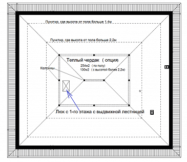 Проект оригинального одноэтажного дома из кирпича с крытой парковкой внутри дома / План мансардного этажа