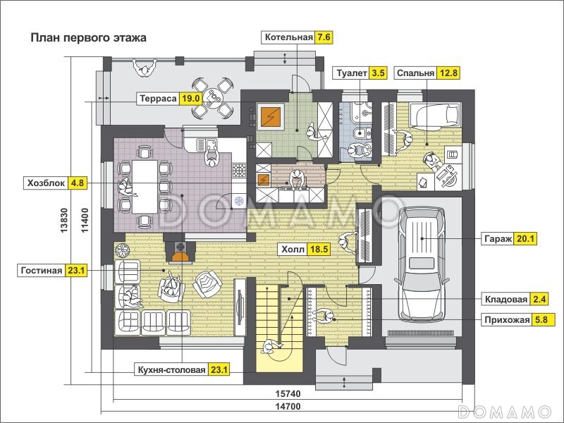Проект дома с гаражом на одну машину, кухней-столовой с выходом на террасу, спальней на первом этаже, вторым светом / План 1 этажа