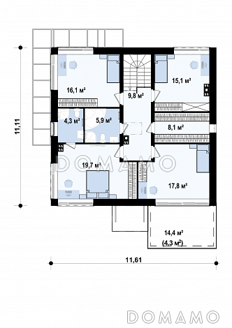 Проект двухэтажного дома из газобетона с четырьмя спальнями и удлинённым двухместным гаражом / План 2 этажа