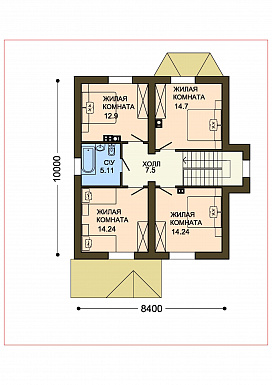 Проект теплого дачного дома с остекленной верандой и декоративными балками под коньком крыши / План мансардного этажа