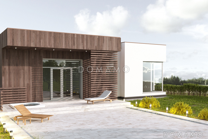 Проект одноэтажного дома в стиле хай-тек с гаражом и спа-бассейном на террасе