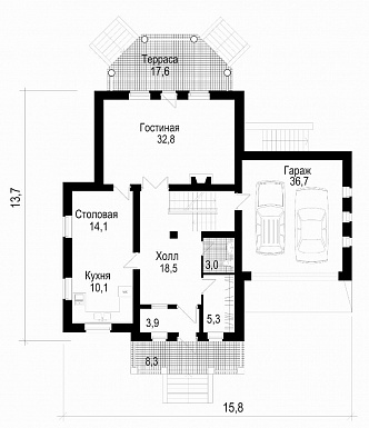 Проект двухэтажного дома из кирпича с мансардой / План 1 этажа
