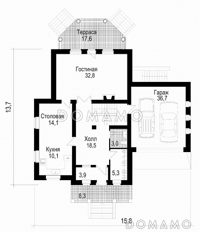 Проект двухэтажного дома из кирпича с мансардой / План 1 этажа