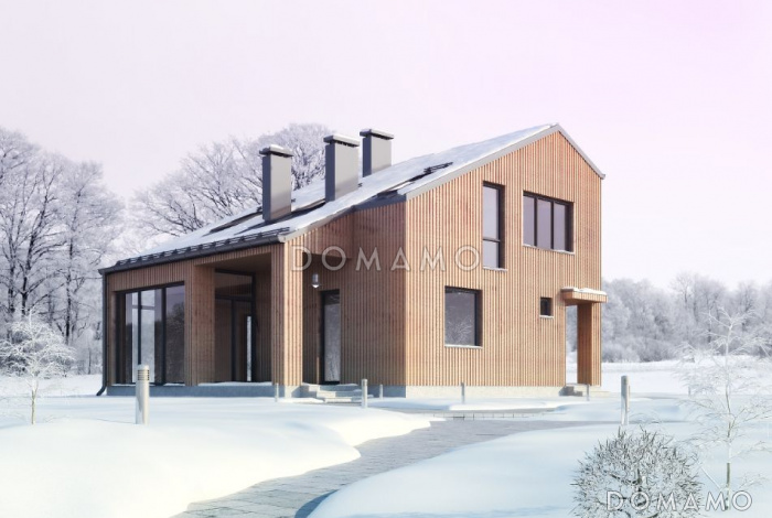 Проект дома из панелей SIP с необычной отделкой