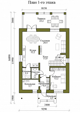 Проект двухэтажного каркасного дома с крытой террасой и четырьмя спальнями на втором этаже / План 1 этажа