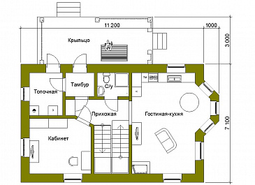 Проект компактного коттеджа в стиле фахверк / План 1 этажа