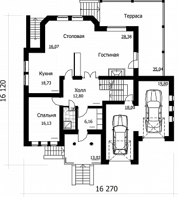 Проект коттеджа с встроенным гаражом / План 1 этажа
