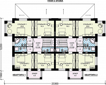 Проект двухэтажного дуплексного дома с крытой террасой / План 2 этажа