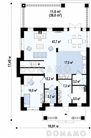 Проект двухэтажного дома с подвалом, спальней на первом этаже, просторной гостиной с выходом на террасу / План 1 этажа