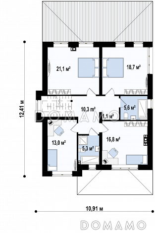 Проект двухэтажного дома с подвалом, спальней на первом этаже, просторной гостиной с выходом на террасу / План 2 этажа