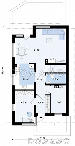 Проект аккуратного одноэтажного мансардного дома из кирпича для узкого участка / План 1 этажа