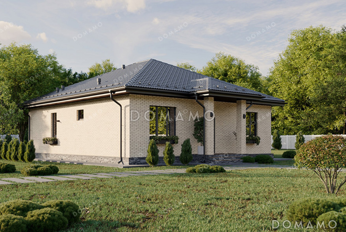 Проект компактного одноэтажного дома с большой террасой, вальмовой кровлей и двумя санузлами