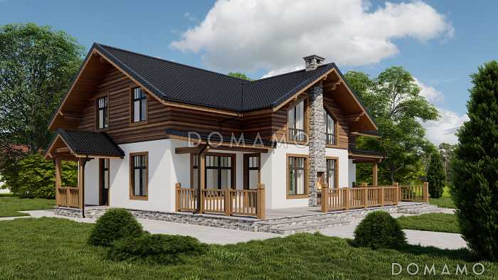 Проект двухэтажного газобетонного дома с просторной террасой, сауной и пятью спальнями