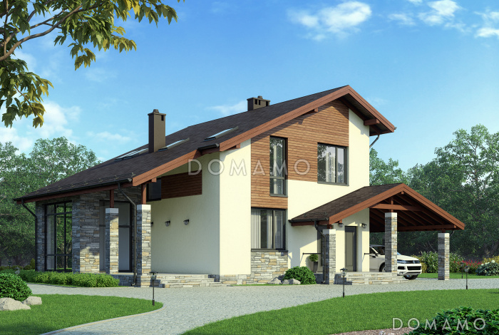 Проект дома из газобетона с большим навесом для авто