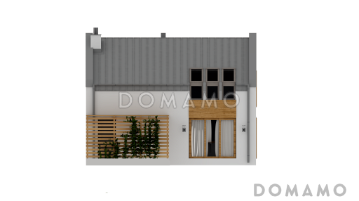 Проект компактного одноэтажного дома из кирпича с ночной зоной на мансардном этаже и открытой террасой вдоль дома / Фасад 4