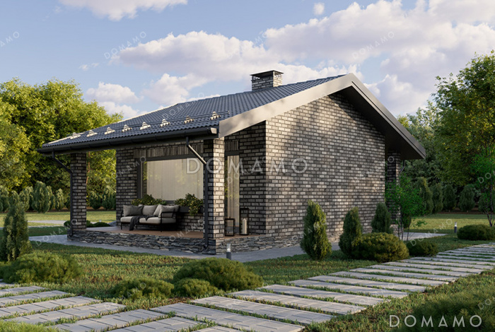 Проект компактной одноэтажной бани в классическом стиле с большой террасой, витражным остеклением и просторной комнатой отдыха