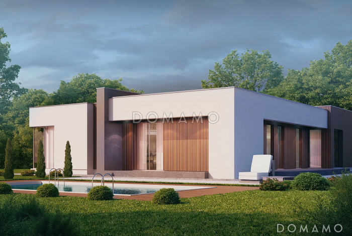 Проект современного одноэтажного дома из газобетона с плоской крышей с тремя спальнями и гаражом 