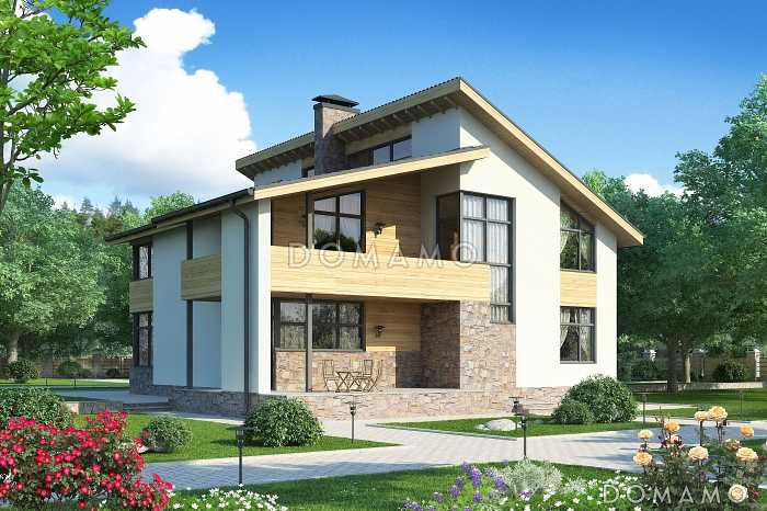 Проект дома со спальней на первом этаже, ванной с окном, вторым светом в гостиной, двумя балконами