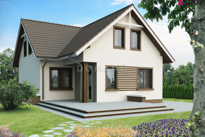 Проект одноэтажного мансардного дома из кирпича с балконом над входом