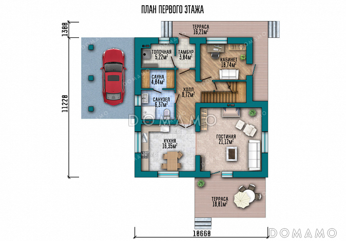 Проект дома с мансардой, двумя террасами и навесом для машины / План 1 этажа