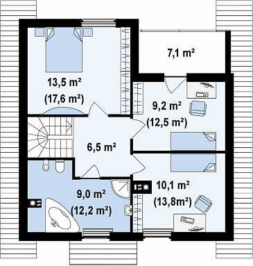 Проект одноэтажного мансардного дома современного дизайна из кирпича с тремя спальнями / План мансардного этажа